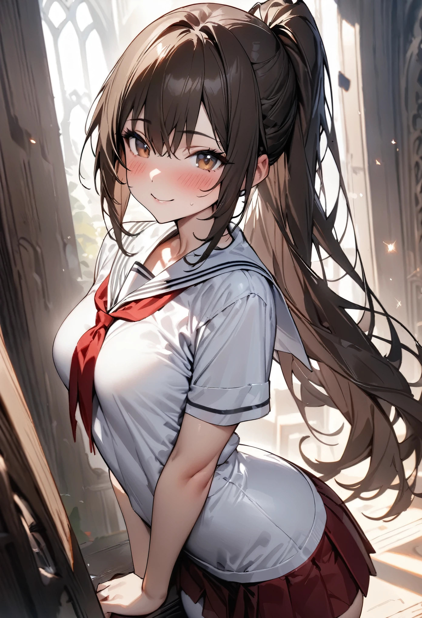 Fantasy art、魔法を使う一人のAcademy女子生徒、(((masterpiece, highest quality:1.5))),cowboy shot,20 year old beauty,solo,((very small head)),dark brown hair,ponytail hairstyle,long hair,bangs,brown eyes,blush,smile,medium breasts,(very long body),slender body,skinny,gleaming skin,oily skin,White sailor suit、Short sleeve、Red neckerchief、Pleated red mini skirt、white_thighhighs、Academy、Harry Potter World、