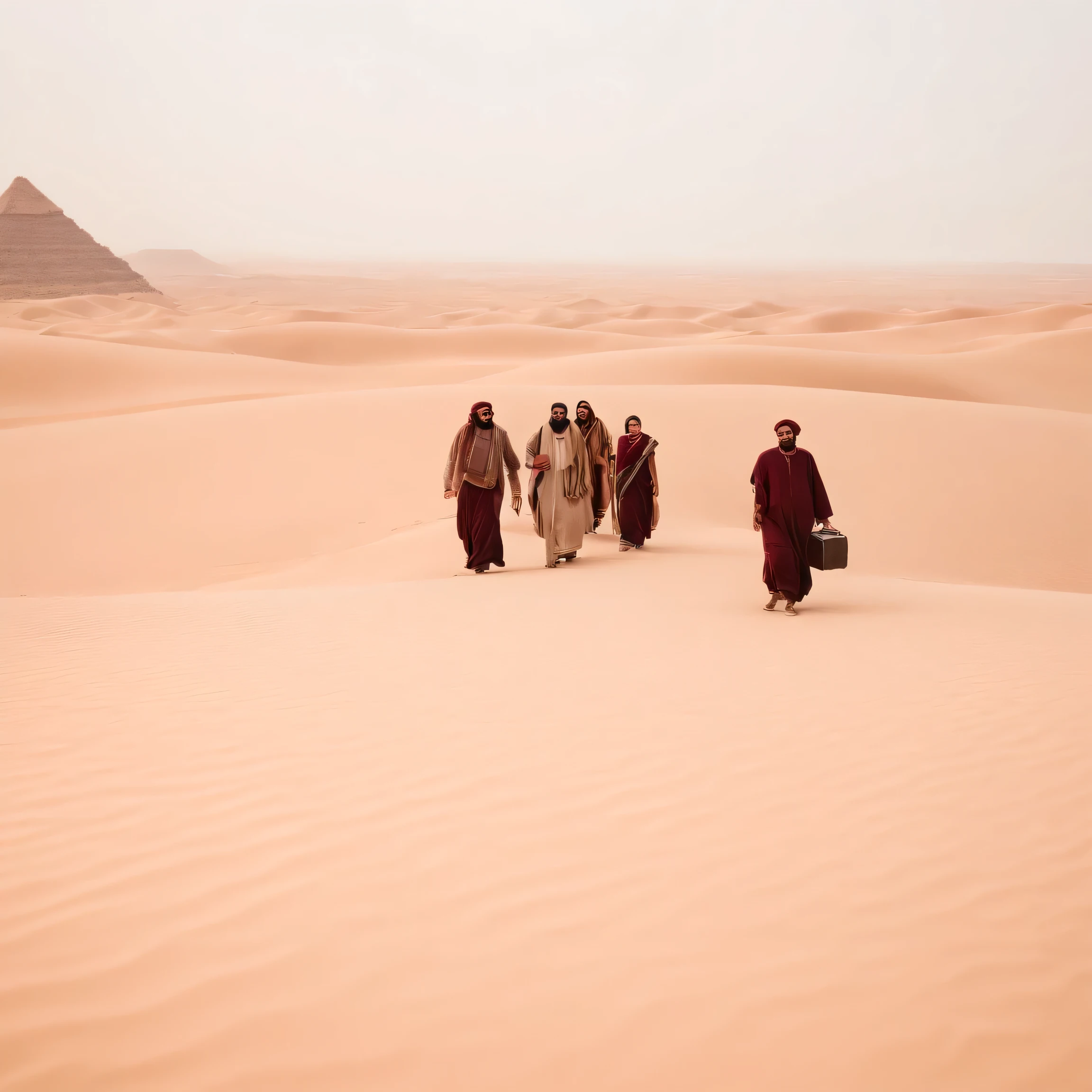 The Hebrew people at the time of Herod leaving Egypt, crowd moving with luggage and children, vast desert in the background, atmosphere of determination and hope, Realistic photography, 35mm f/2.8 lens, --ar 16:9 --v 5