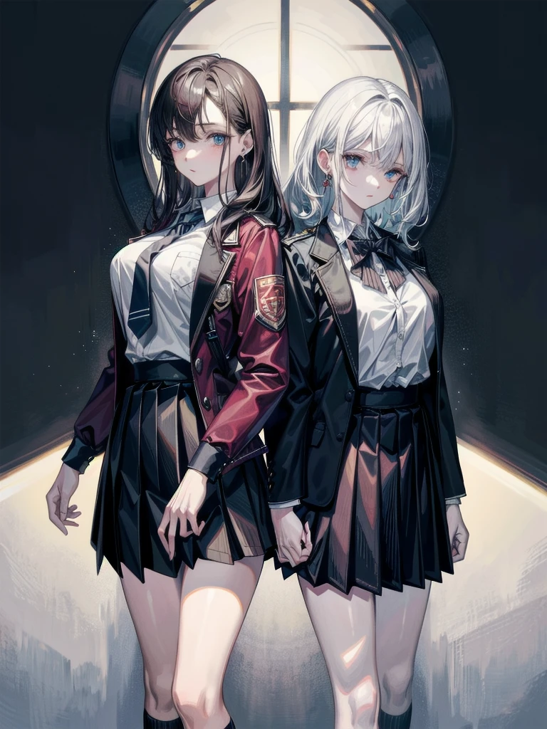 (yuri), (2 girls), absurdres, RAW photo, extremely delicate and beautiful, masterpiece, Best Quality, ultra high resolution, 32k, hyperrealistic, ultra-detailed, detailed description, perfect anatomy, pale skin, 20 years old, detailed beautiful face and eyes, tearful mole, earring, short medium hair, wavy hair, whole body shot, big tits, school_uniform,