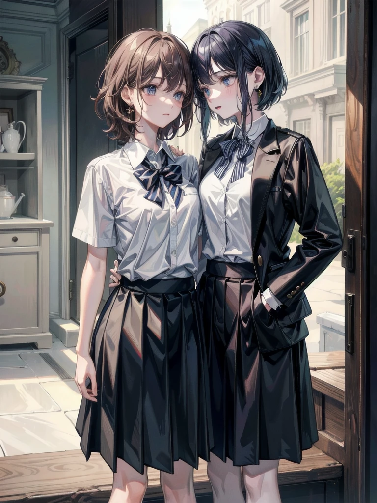 (yuri), (2 girls), absurdres, RAW photo, extremely delicate and beautiful, masterpiece, Best Quality, ultra high resolution, 32k, hyperrealistic, ultra-detailed, detailed description, perfect anatomy, pale skin, 20 years old, detailed beautiful face and eyes, tearful mole, earring, short medium hair, wavy hair, whole body shot, big tits, school_uniform,