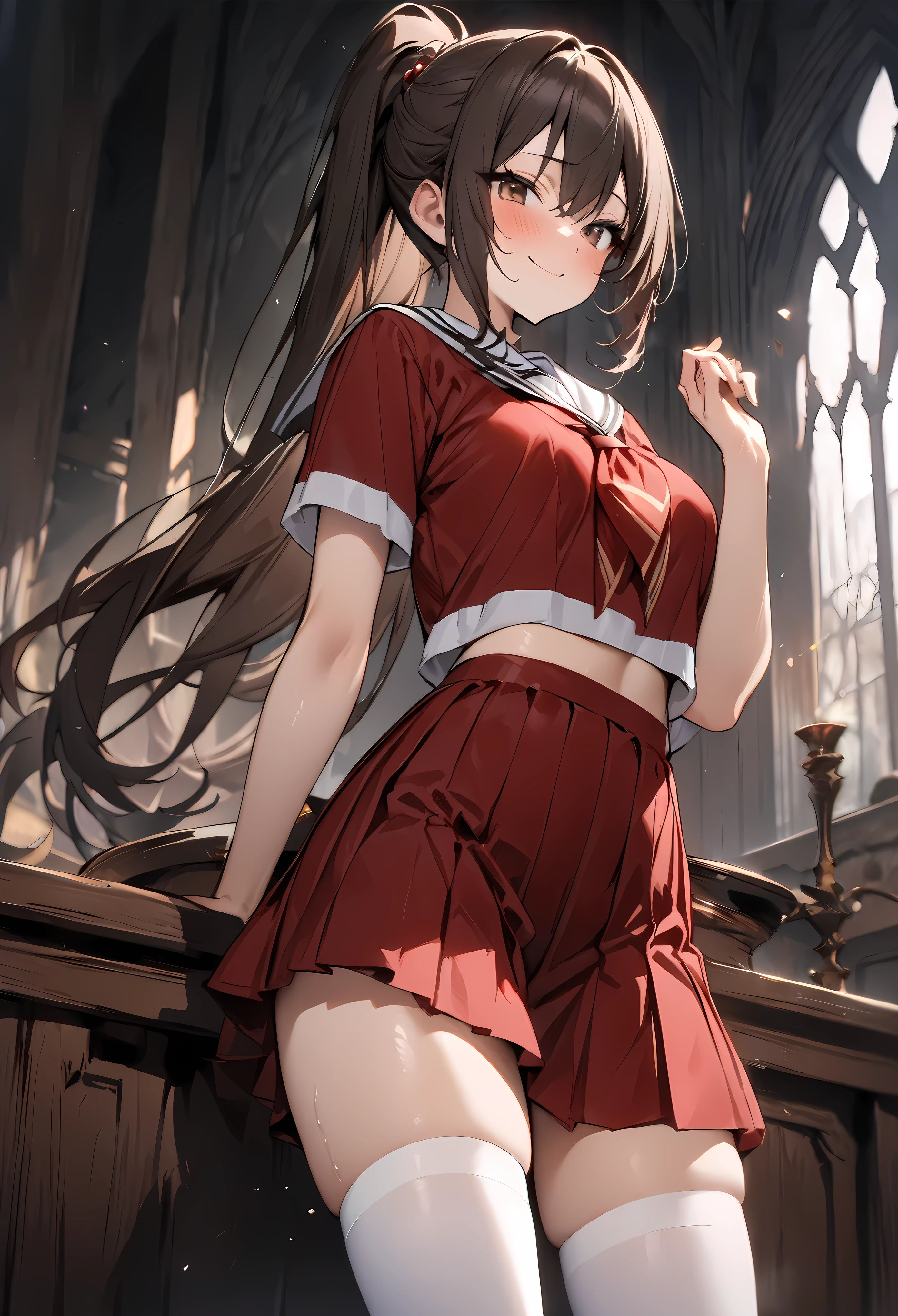 Fantasy art、A high school girl who uses magic、(((masterpiece, highest quality:1.5))),cowboy shot,20 year old beauty,solo,((very small head)),dark brown hair,ponytail hairstyle,long hair,bangs,brown eyes,blush,smile,medium breasts,(very long body),slender body,skinny,gleaming skin,oily skin,White sailor suit、Short sleeve、Red neckerchief、Pleated red mini skirt、white_thighhighs、Academy、Harry Potter World、