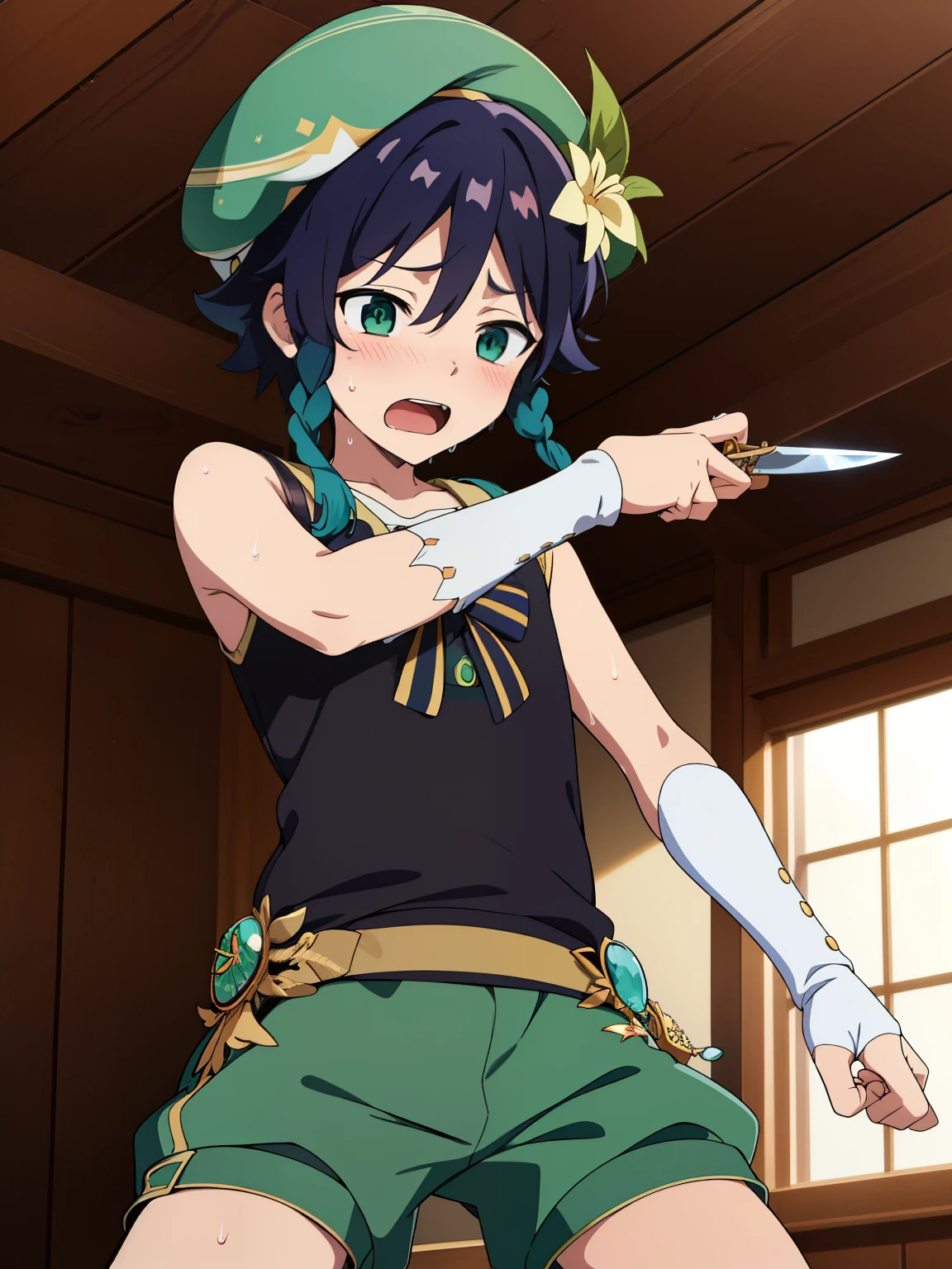 (Masterpiece),(best quality),official art,extremely detailed CG,unity 8k wallpaper,ultra detailed, best quality, 1boy, Boy, Shota, ventidef, beret, hat flower, Tank top, glove, green shorts, sweat, jewelry, brooch, holding knife, open mouth, upper body, blushing
