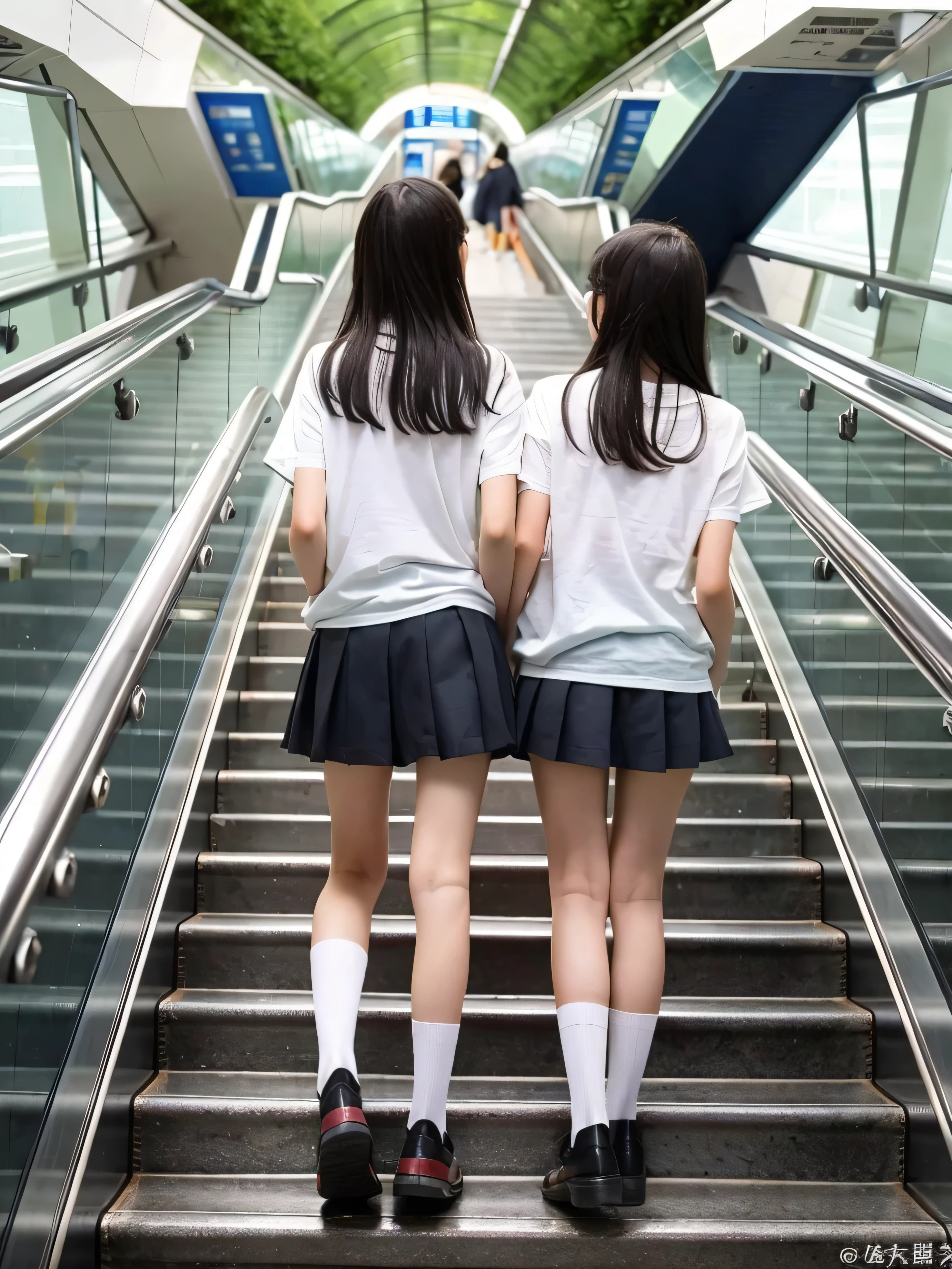 ((highest quality)), ((masterpiece)), (Familiar), girl,A female junior highl student ritor on her way to school、((Long legs))、Glare、Short-sleeved shirt、Shorts、Black leather shoes、Very short socks、Short socks、The socks are very short、Photo secrets、(A true view from below)、White socks close-up、Manga panel layout、manga style、manga、Station Escalator、Frames showing only the face and the back,(From below:0.1),(Black satin string bikini is visible:0.8)