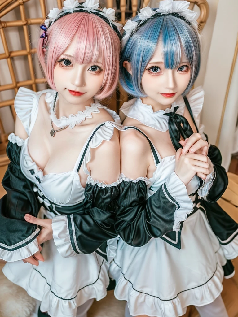 (8K, Photorealistic, Raw photo, of the highest quality: 1.3), (1girl in), Super beautiful, (Realistic face), (boyish, light blue Color Berry Shorthair),(8K, Photorealistic, Raw photo, of the highest quality: 1.3), (1girl in), Super beautiful, (Realistic face), (boyish, pink Color Berry Shorthair), Beautiful , Glare that captivates the viewer, Beautiful expression, Beautiful breasts, (Realistic skin), Be...Create a detailed and colorful image of Ram and Rem from Re:Zero, standing back-to-back in their maid outfits, with a magical fantasy background、ars old, two girls,cute, perfect face, beautiful, nice body, gothic lolita clothes, gothic lolita fashion, frilly skirt, headdress, necklace, bracelet, knee-high socks, boots, double eyelids, tear bags, Detailed down to the fingers, photo-like description, indoors, dim indoor lighting, one girl is pink hair and short bob, another girl is light blue hair and short bob,standing, whole body, composition that shows the whole body, smiling,The Both of them are wearing the same type of maid outfit