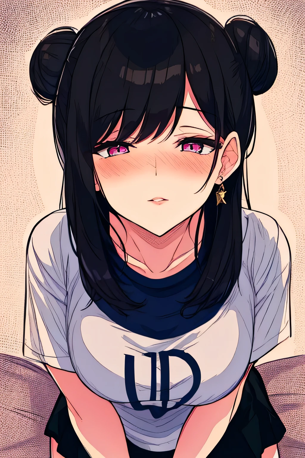 Amazing portrait of a sexy and  woman with a beautiful face with seductive eyes gazing intensely at me with her soft lips parted in anticipation of a kiss which is making her blush intensely her lips are also curved in a soft smile she has her luscious black hair in a cute bun wearing a black and white striped t shirt and a dark green skirt paired with some elegant earrings her t shirt showing her medium chest and perfect body off 