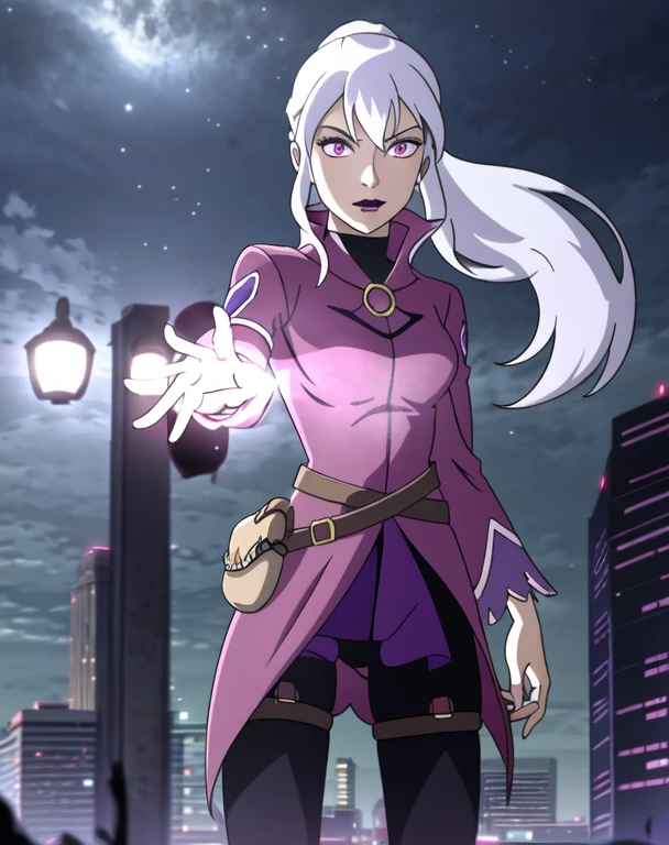 (cowboy shot), sfw, (masterpiece), (best quality:1.0), (ultra highres:1.0), detailed eyes, BREAK Charmcaster, 1girl, low ponytail, bangs, pink eyes, lipstick, magenta coat, bodysuit, dark purple tights, thigh straps, pouch belt BREAK (city, nighttime, creepy and isolated tone, outdoors, gorgeous view)
