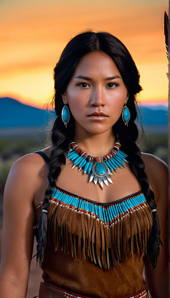 portrait photograph of Marie Avgeroupolus  as Pocahontas, young beautiful native american woman, perfect symmetrical face, indigenes feather jewelry, traditional handmade dress, armed female hunter warrior, (((wild west))) environment, Utah landscape, ultra realistic, concept art, elegant, ((intricate)), ((highly detailed)), depth of field, ((professionally color graded)), soft ambient lighting, dusk, 8k, art by artgerm and greg rutkowski and alphonse mucha