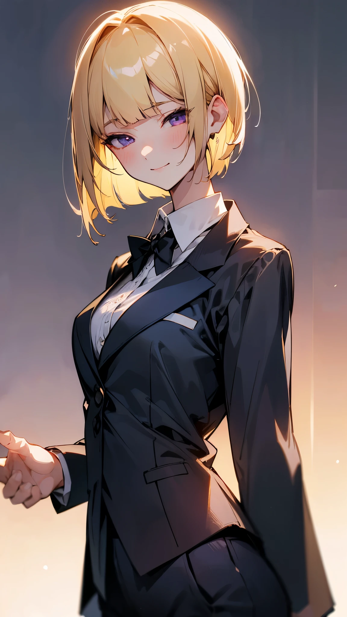 1 Girl、8k、Sharp focus、(Bokeh) (highest quality) (Detailed skin:1.3) (Intricate details) (anime)、(blonde)、short hair、Bobcut、Blunt bangs、Beautiful purple eyes、Slender body、From the side、Upper body close-up、White shirt、Black work trousers、Black Fitted Blazer、Calm face、Mouth closed、Cheeky Smile、Squint your eyes、Park in the background、sunset、Soft lighting.