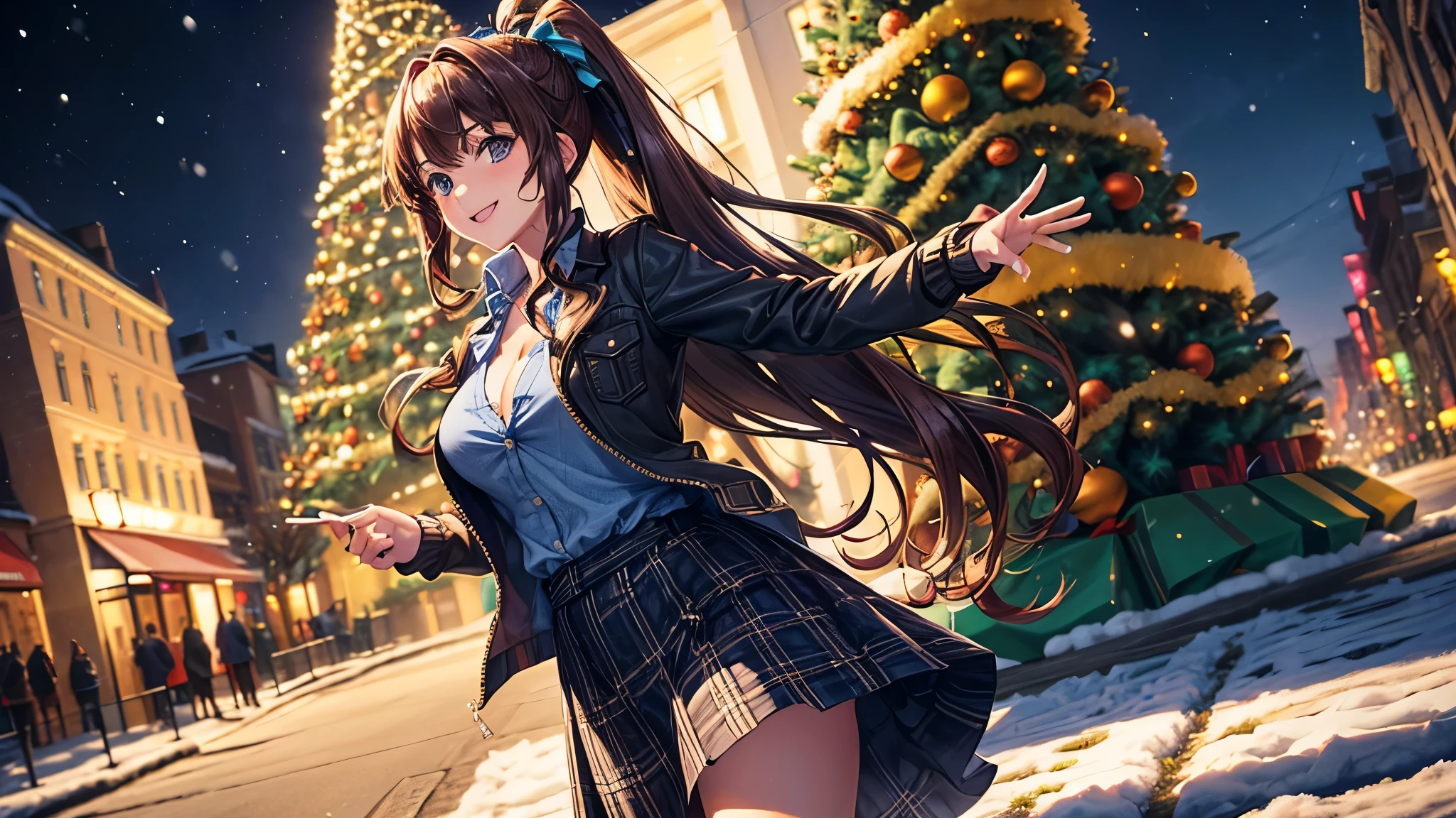 1girl, solo, full body, christmas, ((christmas tree)), street, night, lights, snow, long hair, brown hair, curly hair, ponytail, large breasts, button down, ((opened brown zipper jacket)), dark blue eyes, ((blue shirt)), ((checked shirt)), ((unbuttoned shirt)), ((long skirt)), smile, looking at the viewer, standing, hair ribbon
