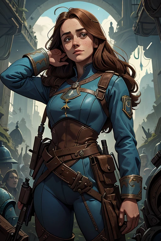 Ella Purnell, personagem, Lucy character from the fallout series, (Ella Purnell cabelo com rabo de cavalo franja cortina) uma jovem soldado seios nus, in blue costumes from the Brotherhood of Steel paramilitary faction ; e The Ghoul (Walton Goggins),