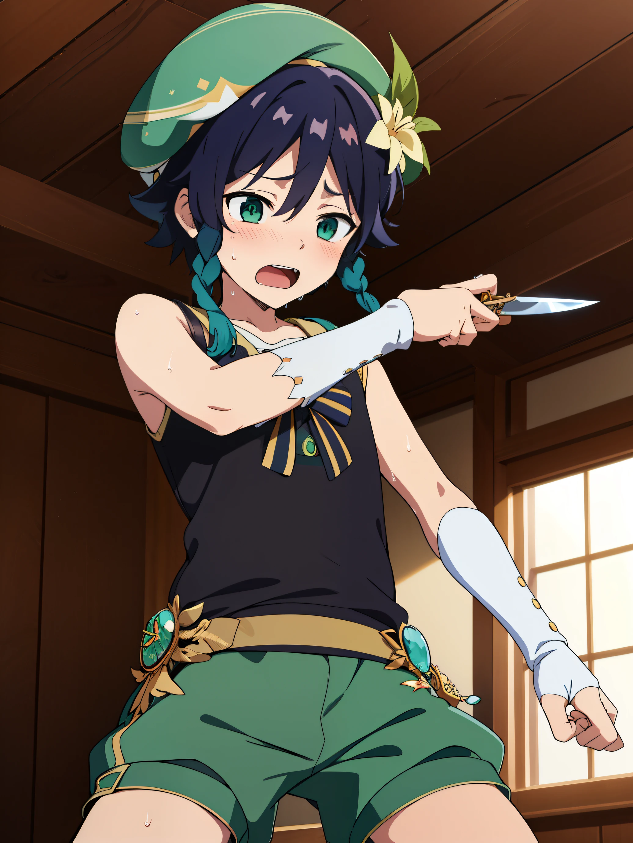 (Masterpiece),(best quality),official art,extremely detailed CG,unity 8k wallpaper,ultra detailed, best quality, 1boy, Boy, Shota, ventidef, beret, hat flower, Tank top, glove, green shorts, sweat, jewelry, brooch, holding knife, open mouth, upper body, blushing