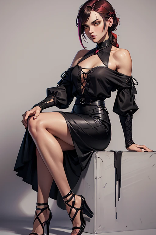 detailed and colorful sketch, realistic contour style, full body drawing, Eliza from Tekken, yellow iris eyes like a snake's, short black gothic style hair with long bangs down to her shoulders, wine red highlights at the ends, bangs on her forehead and short haircut at the back exposing the nape of her neck, soft braid near her ear, small black rose adorning her hair, wearing a black blouse and black skirt