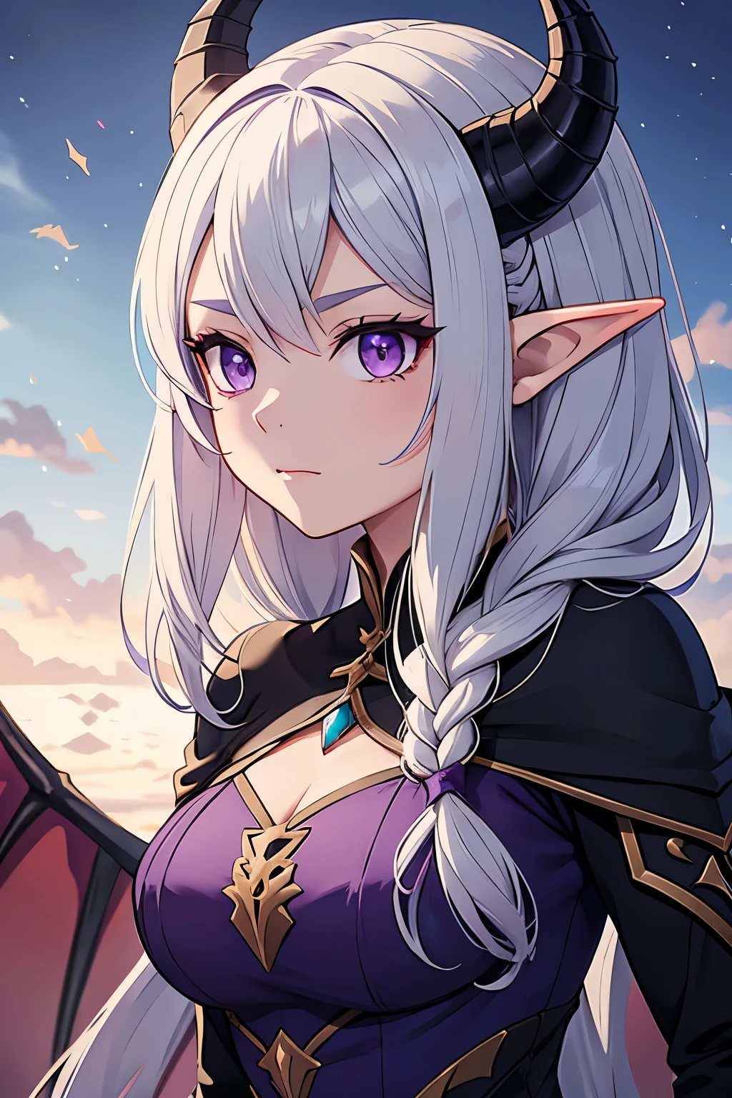 draconic woman with horns and a black dress, medieval, dragon, beautiful elegant dragon princess, gothic maiden anime girl, dragon girl, anime monster girl, short wavy silver hair front braid, no bangs, purple eyes, LARGE purple dragon wings, long dragon tail, modest dress, no bangs, cute style dress with ragged bottom, sfw, elf ears, close up, no cleavage, dragon prince rayla fanart