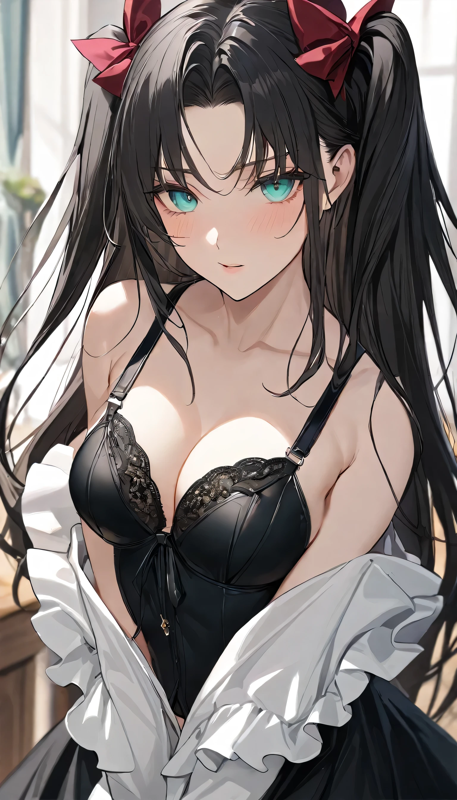 (masterpiece), 1girl, best quality, expressive eyes, ultra detailed, intricate details, aqua eyes, black hair, long hair, black ribbons, sidelocks, parted bangs, rin tohsaka, black hair ribbons, two side up, wearing black bra, with maid skirt, posing, black bra, maid skirt, full body in shot, home background, revealing bra, close up, sexy curves, revealing body, posing 