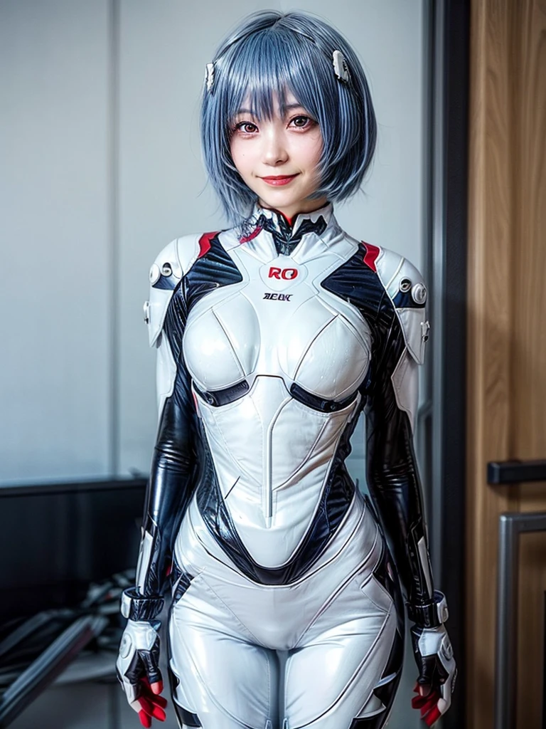 Masterpiece, highest quality, 8K, detailed skin texture, fine cloth texture, beautiful detailed face, intricate details, super detailed, portrait of Rei Ayanami, blue hair, red eyes, looking far away, no background, Evangelion Wearing a plug suit when riding, plug suit, whole body visible, standing, arms crossed, 15 years old, beautiful, cute, great style, smiling,composition that shows the whole body,