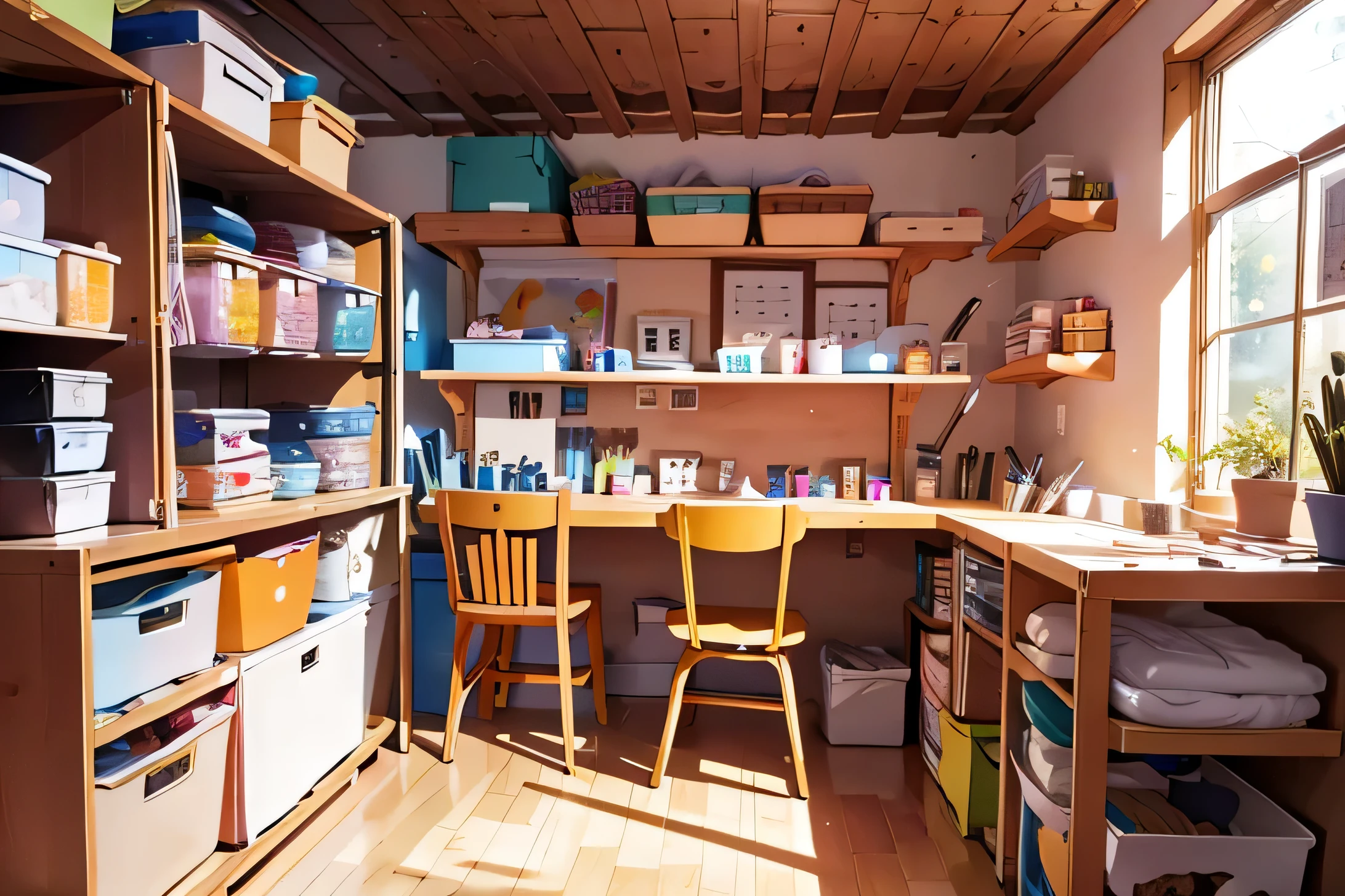 Make a poster of the environment of a handmade studio surrounded by shelves. The shelves in the studio are piled with cream glue. Someone must be working. Someone must be working.