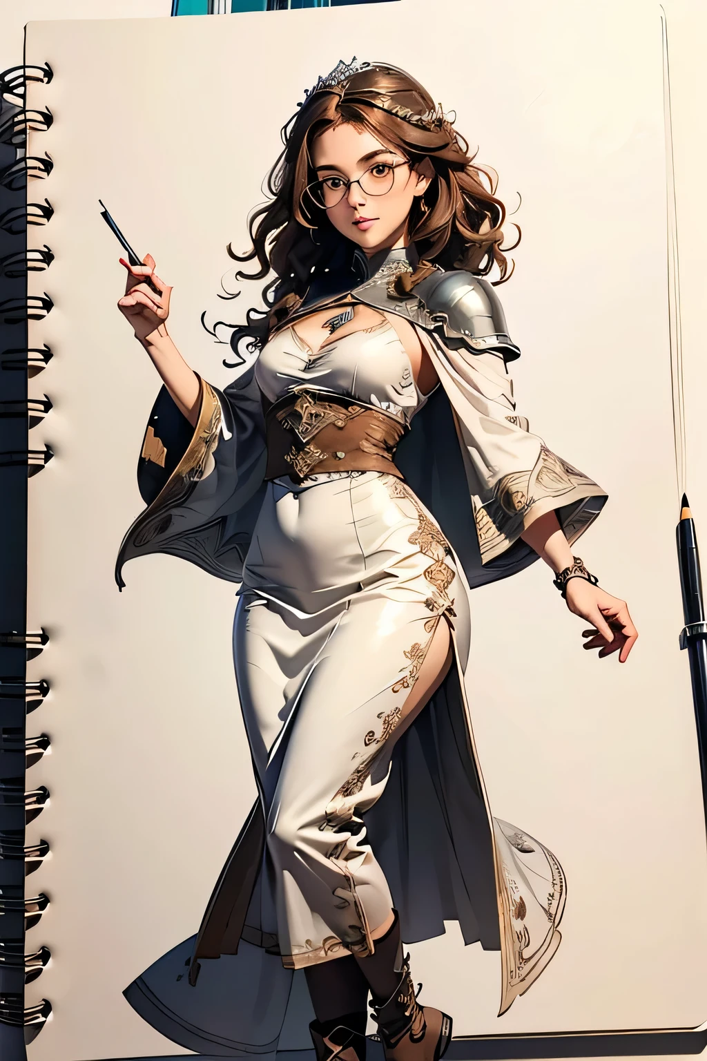 Rustic notebook style, sketchbook, hand drawn, dark, gritty, realistic sketch, rough sketch, mix of bold dark lines and loose lines, bold lines, on paper, twist character sheet, the ((Goddess Incredibly beautiful young woman)), ((Curly brown hair)), ((Noble Duchess)), ((Brown eyes)), ((round, plump face, plump cheek)), ((wearing white square glasses)) ( (22 Years)), Natural Light, Dynamic, Highly Detailed, Watercolor Painting, Watercolor Paper, Artstation, Concept Art, Soft and Crisp, Sharp Focus, Illustration, High Shot, Slender Body with Big Hips, ((Cold clothes made up of skins like GoT's Winterfell, Clothes of a Duchess)), ((Long, curly brown hair)), (Full body), (rune symbols), clear theme, perfect composition ratio, masterpiece, best quality, 4K, sharp focus. Best hand, perfect anatomy. by AYMSHANK