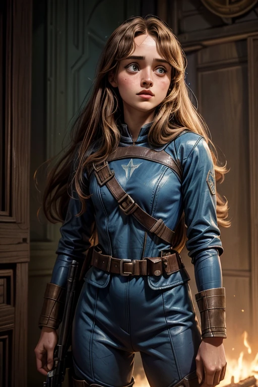 Ella Purnell, personagem, Lucy character from the fallout series, (Ella Purnell cabelo com rabo de cavalo franja cortina) uma jovem soldado seios nus, in blue costumes from the Brotherhood of Steel paramilitary faction ; e The Ghoul (Walton Goggins),