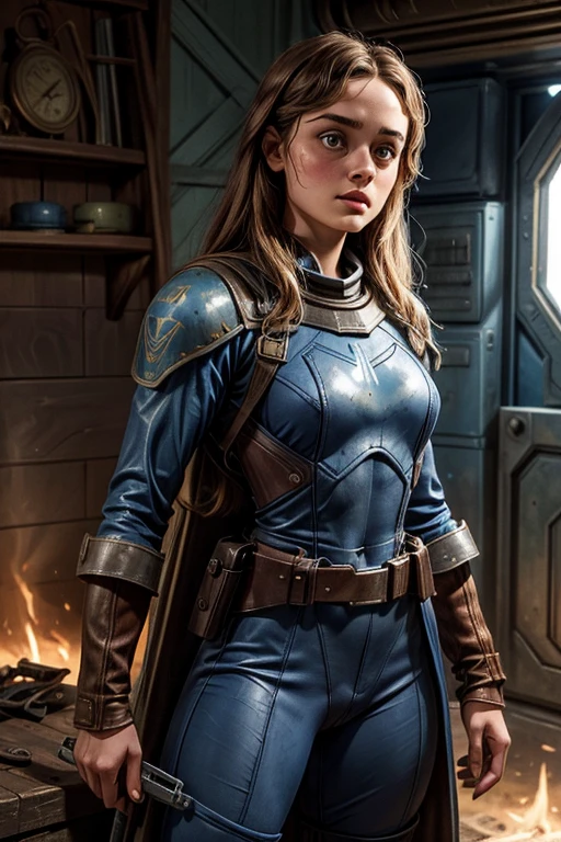 Ella Purnell, personagem, Lucy character from the fallout series, (Ella Purnell cabelo com rabo de cavalo franja cortina) uma jovem soldado seios nus, in blue costumes from the Brotherhood of Steel paramilitary faction ; e The Ghoul (Walton Goggins),