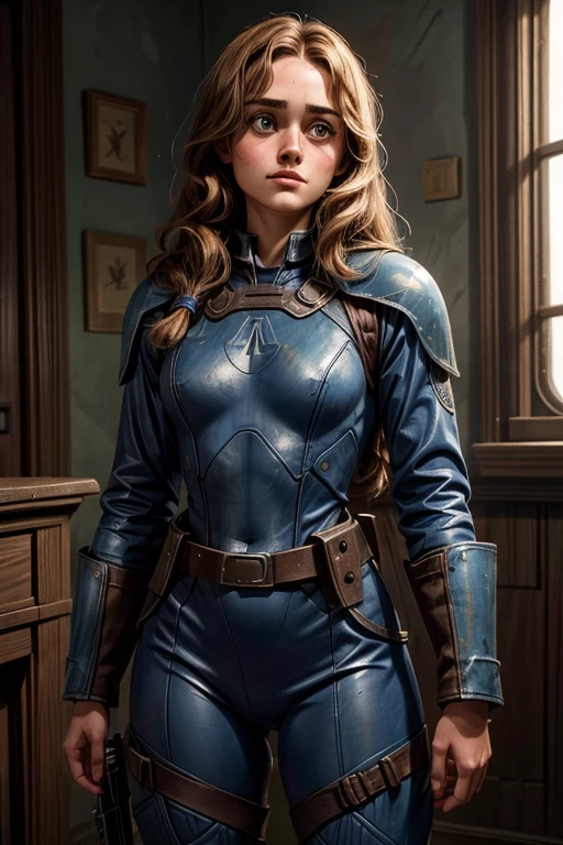 Ella Purnell, personagem, Lucy character from the fallout series, (Ella Purnell cabelo com rabo de cavalo franja cortina) uma jovem soldado seios nus, in blue costumes from the Brotherhood of Steel paramilitary faction ; e The Ghoul (Walton Goggins),