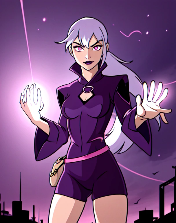 (cowboy shot), sfw, (masterpiece), (best quality:1.0), (ultra highres:1.0), detailed eyes, BREAK Charmcaster, 1girl, low ponytail, bangs, pink eyes, lipstick, magenta coat, bodysuit, dark purple tights, thigh straps, pouch belt, purple magic, bright purple sparks in both hands, BREAK (city, nighttime, creepy and isolated tone, outdoors, gorgeous view)
