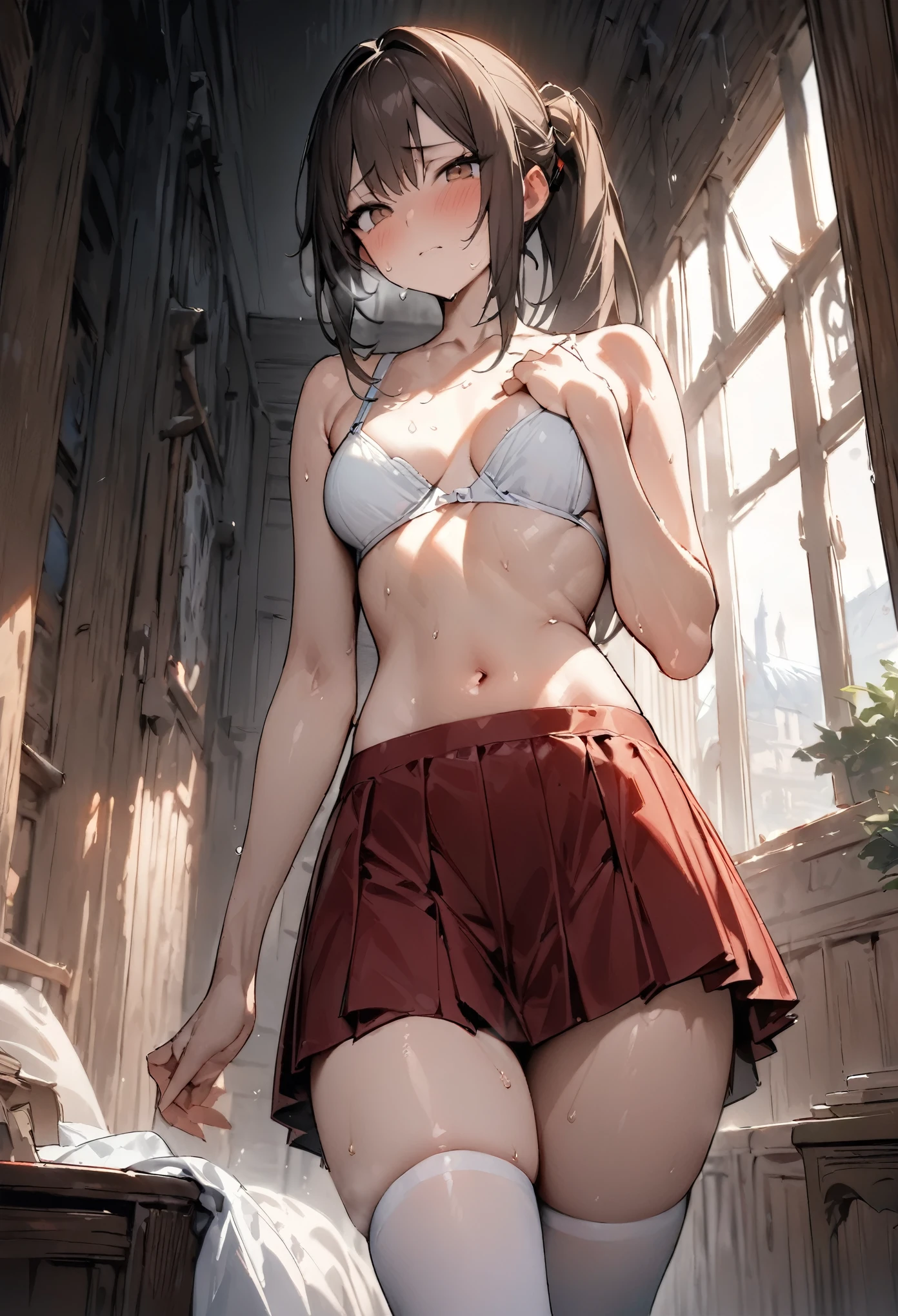 Fantasy art、(((masterpiece, highest quality:1.5))),cowboy shot,20 year old beauty,solo,((very small head)),dark brown hair,ponytail hairstyle,long hair,bangs,brown eyes,shy,medium breasts,(very long body),slender body,skinny,gleaming skin,oily skin,sweat,clavicle、White bra、navel、Pleated red mini skirt、white_thighhighs、Simple bed、Simple bedroom、Student dormitory、Harry Potter World、