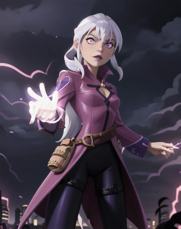 (cowboy shot), sfw, (masterpiece), (best quality:1.0), (ultra highres:1.0), detailed eyes, BREAK Charmcaster, 1girl, low ponytail, bangs, pink eyes, lipstick, magenta coat, bodysuit, dark purple tights, thigh straps, pouch belt, purple magic, bright purple sparks in both hands, BREAK (city, nighttime, creepy and isolated tone, outdoors, gorgeous view)
