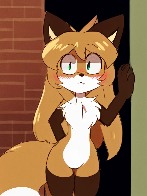 uploaded the e621, beautiful and detailed, woman (((female))) ((anthro)) Fox, (Averi, Fox girl), cinematic lighting, Fox, (anthro, fluffy fur), 1girl, anthro fox girl, body fur, curvy, sexy, nice, cute, hot, comfortable anime-style cartoon-style, digital drawing, SFW, flat chest, nervous expression, scared expression, nervous, blushing, flustered, green eyes, looking at viewer, peeking behind a corner, peeking from behind a wall, peeking, wall, simple background, tilted head, half hidden body