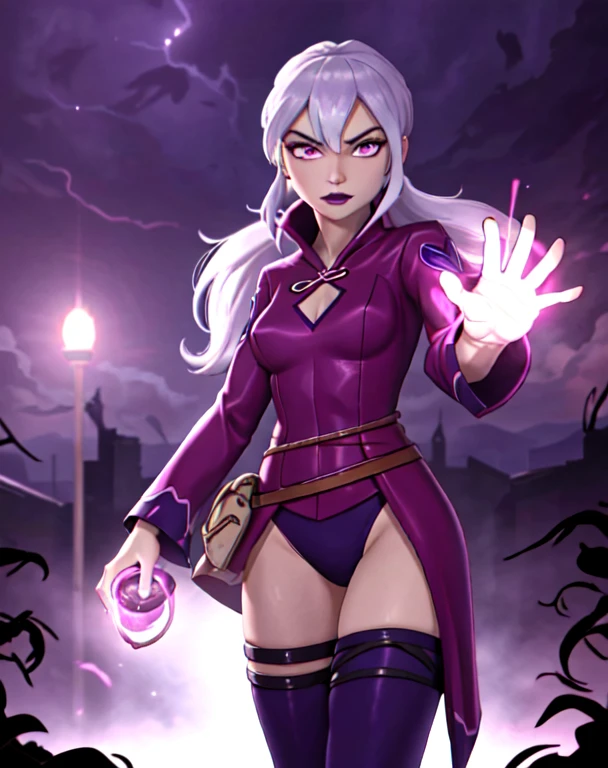 (cowboy shot), sfw, (masterpiece), (best quality:1.0), (ultra highres:1.0), detailed eyes, BREAK Charmcaster, 1girl, low ponytail, bangs, pink eyes, lipstick, magenta coat, bodysuit, dark purple tights, thigh straps, pouch belt, purple magic, bright purple sparks in both hands, BREAK (city, nighttime, creepy and isolated tone, outdoors, gorgeous view)
