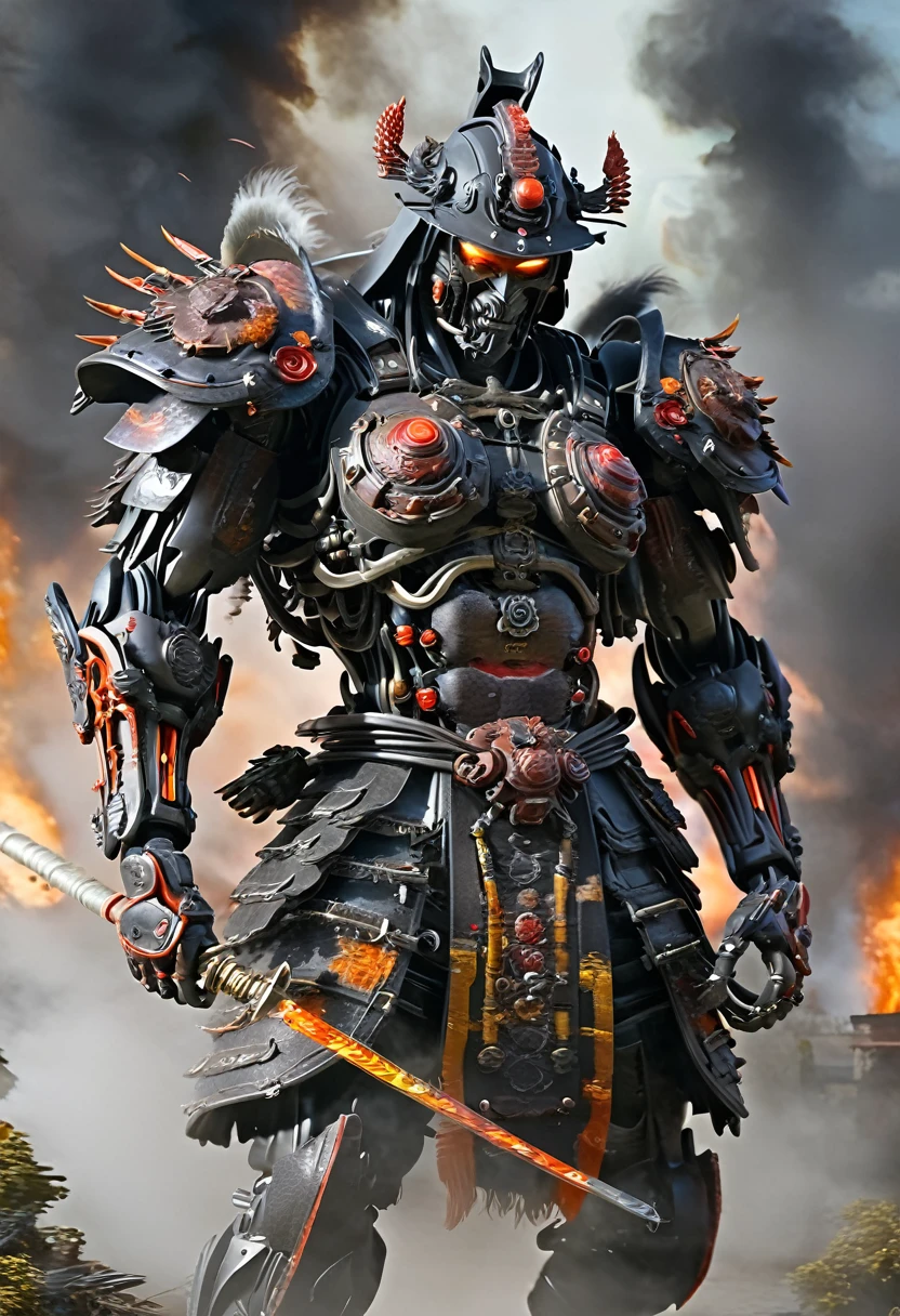 cyborg samurai like creature in action and unleashing an attack against enemies, fw murano style, plumes of jet black plumes smokes, vibrant colour blast, incredibly detailed, dark, key visuals, atmospheric, highly realistic, high detail texture, ray tracing