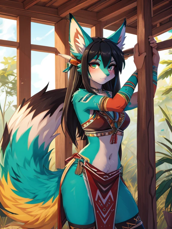 Miku hatsune,arabe, alta definicion, green body, black hair,orejas de kitsune, tribal tatoo, tribal clothes, cute girl, 18 years old girl, virgin, blackforest lsnd scspe, archery girl