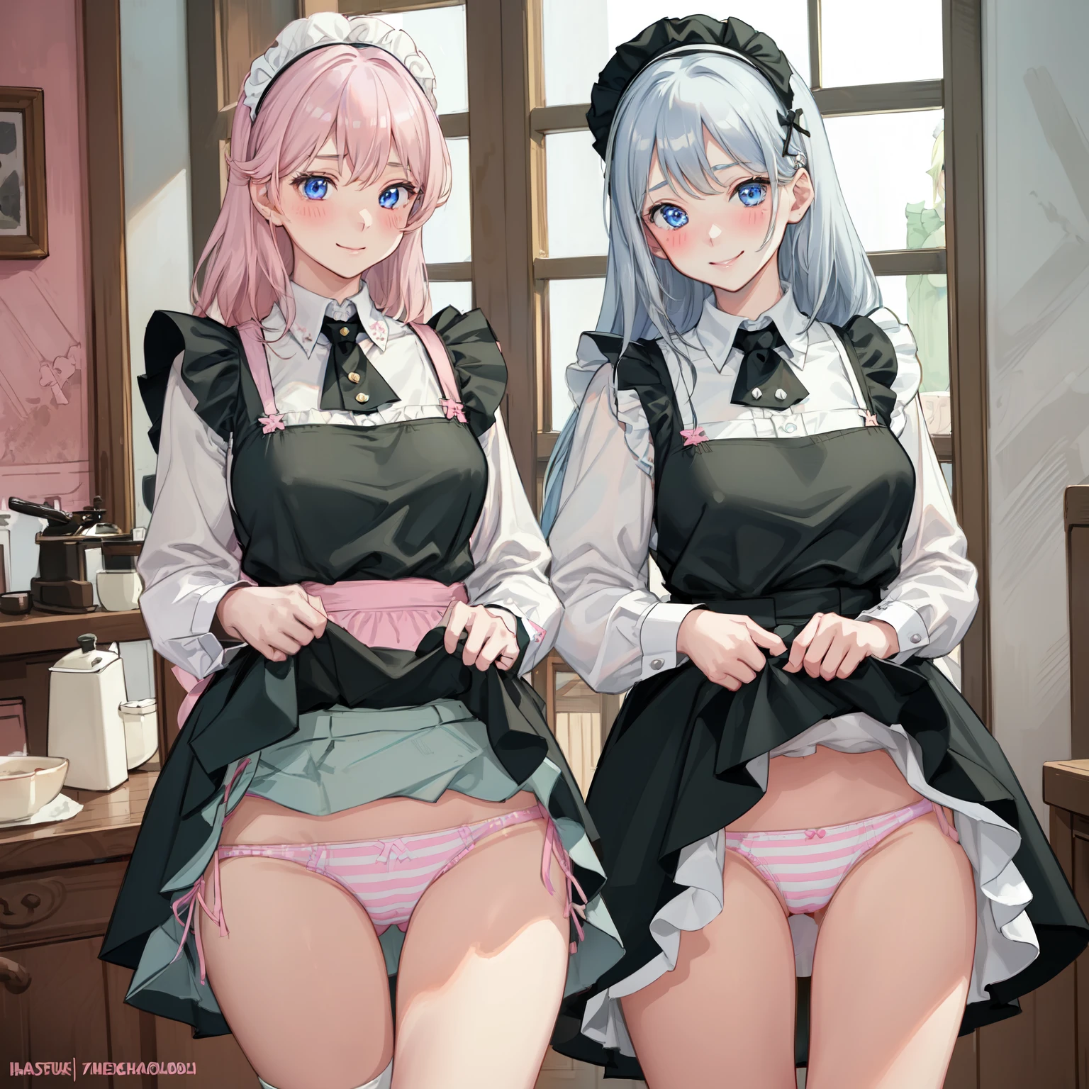 highest quality, masterpiece, ((2 girls:1.5)), ((smile:1.3)), (blush:1.3), Black Shirt, blouse, ((fun!!)), (Small breasts), Blonde, (Long sleeve), ((White apron:1.5)), ((Maid)), ((hair ornaments)), Kamimei, look at me, ((in house:1.5)), Taking a break from watching the audience, Cowboy Shot, (Skirt lift:1.3), (Highly detailed pink striped panties:1.3), (Highly detailed panties:1.3), (スカート that rolls up:1.3), (Panties fully exposed:1.5), Light blue eyes, long hair, Glowing Eyes