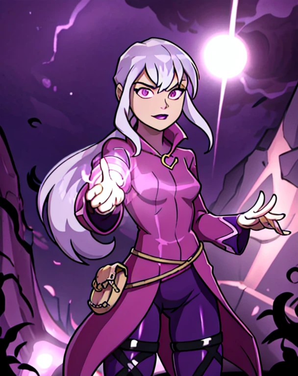 (cowboy shot), sfw, (masterpiece), (best quality:1.0), (ultra highres:1.0), detailed eyes, BREAK Charmcaster, 1girl, low ponytail, bangs, pink eyes, lipstick, magenta coat, bodysuit, dark purple tights, thigh straps, pouch belt, purple magic, bright purple sparks in both hands, BREAK (city, nighttime, creepy and isolated tone, outdoors, gorgeous view)
