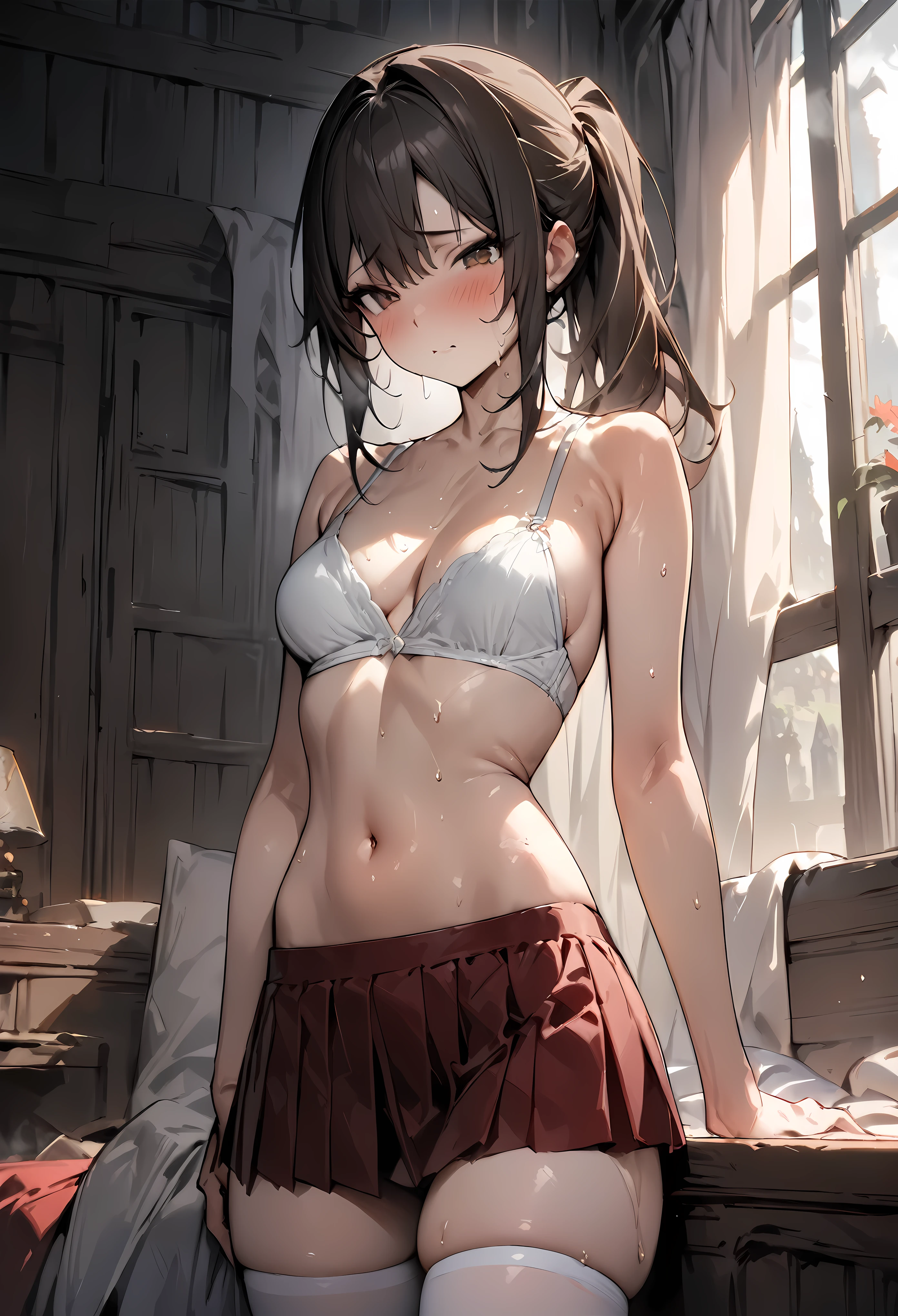 Fantasy art、(((masterpiece, highest quality:1.5))),cowboy shot,20 year old beauty,solo,((very small head)),dark brown hair,ponytail hairstyle,long hair,bangs,brown eyes,shy,medium breasts,(very long body),slender body,skinny,gleaming skin,oily skin,sweat,clavicle、White bra、navel、Pleated red mini skirt、white_thighhighs、Simple bed、Simple bedroom、Student dormitory、Harry Potter World、