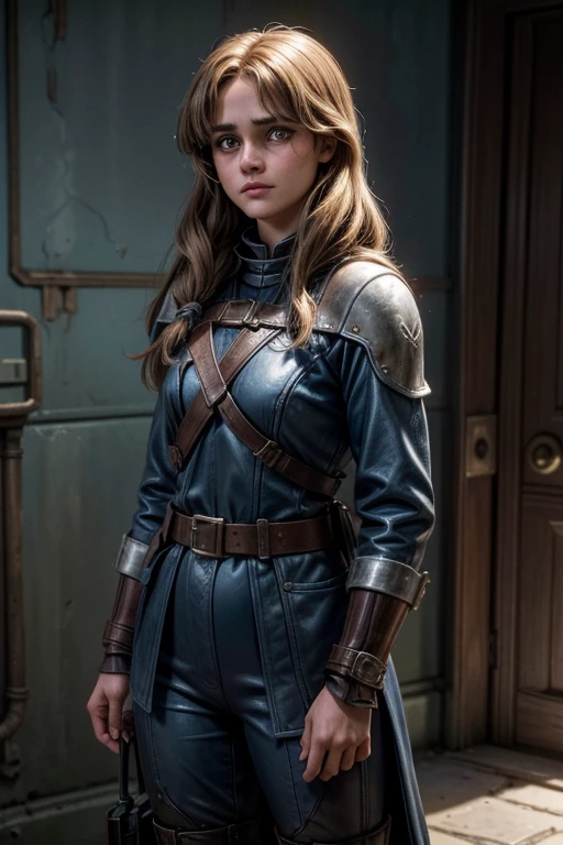 Ella Purnell, personagem, Lucy character from the fallout series, (Ella Purnell cabelo com rabo de cavalo franja cortina) uma jovem soldado seios nus, in blue costumes from the Brotherhood of Steel paramilitary faction ; e The Ghoul (Walton Goggins),