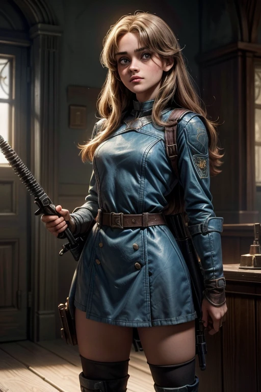 Ella Purnell, personagem, Lucy character from the fallout series, (Ella Purnell cabelo com rabo de cavalo franja cortina) uma jovem soldado seios nus, in blue costumes from the Brotherhood of Steel paramilitary faction ; e The Ghoul (Walton Goggins),