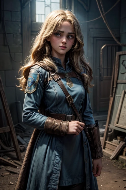 Ella Purnell, personagem, Lucy character from the fallout series, (Ella Purnell cabelo com rabo de cavalo franja cortina) uma jovem soldado seios nus, in blue costumes from the Brotherhood of Steel paramilitary faction ; e The Ghoul (Walton Goggins),