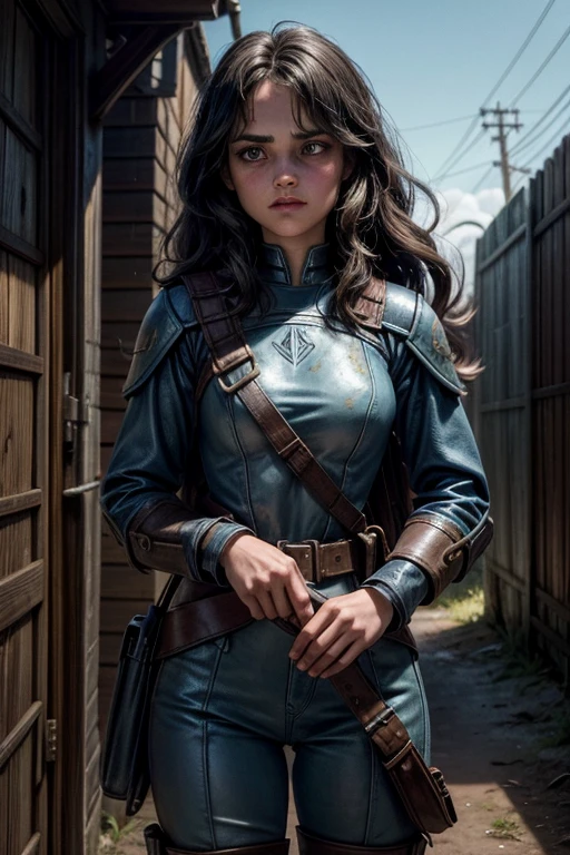 Ella Purnell, personagem, Lucy character from the fallout series, (Ella Purnell cabelo com rabo de cavalo franja cortina) uma jovem soldado seios nus, in blue costumes from the Brotherhood of Steel paramilitary faction ; e The Ghoul (Walton Goggins),