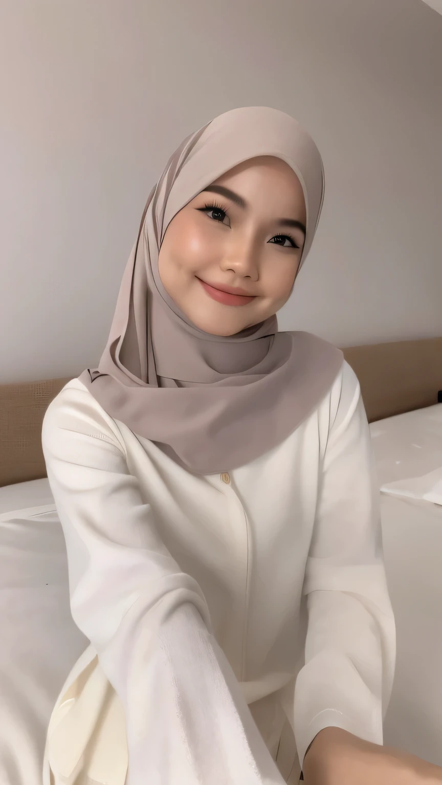 Cotton shawl hijab, malay girl, 18 years old 160cm 45kg, tight compressed jersey, shirt lift, d cup breast, perky breast, , big hips, fair white skin , high knee socks. Full make up, Bright face, seductive glance, doe eyes. bright, close up, smiling on camera, on the bed