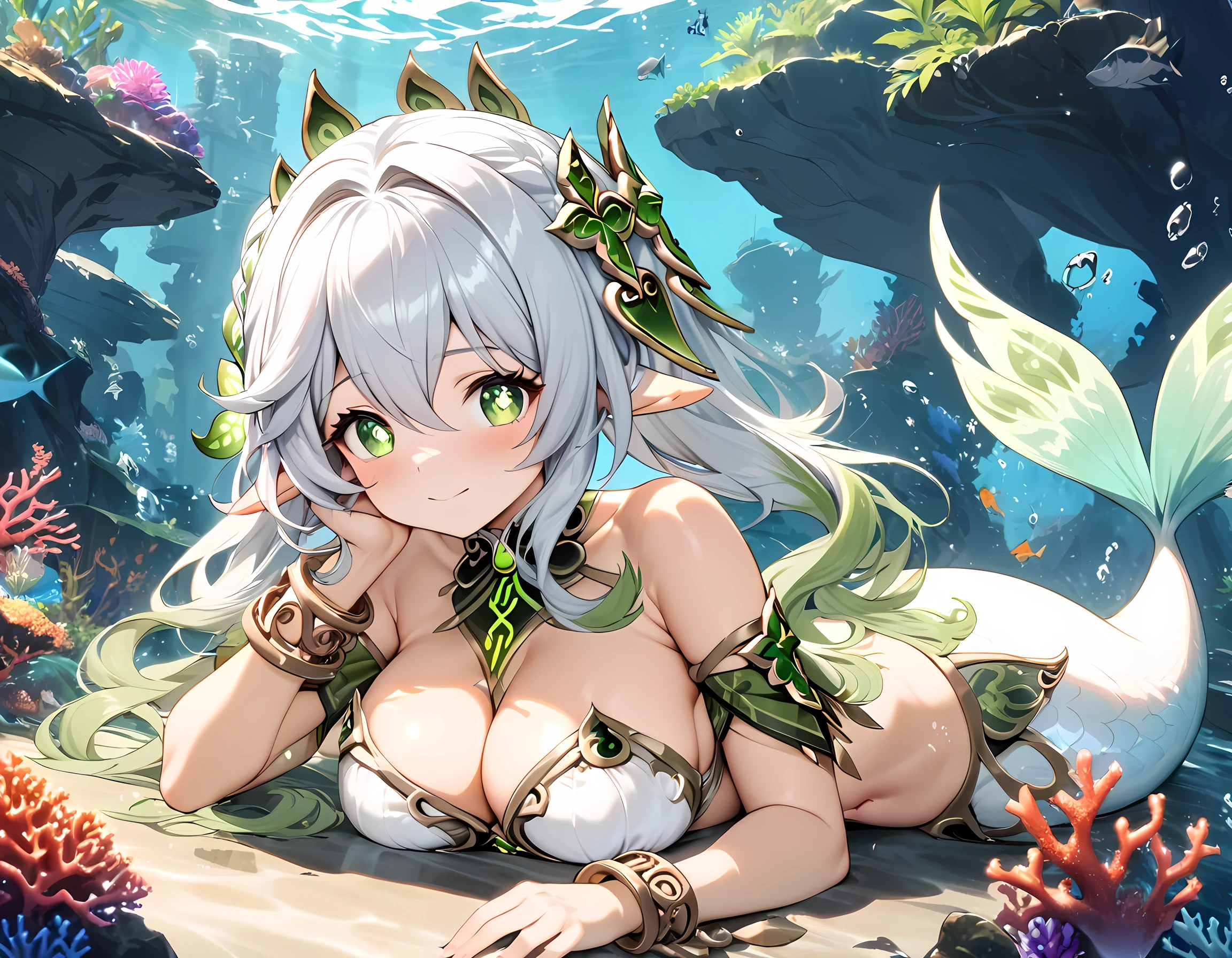 (masterpiece), best quality, expressive eyes, perfect face,1girl,nahida_(genshin impact),24-year old girl,mermaid,(beautiful white mermaid tail:1.4),(light green tail fins),big breasts,cleavage,bracelets,(white and green scales),navel,full body shot,underwater forest,coral reef,pointy ears,long hair,necklace,bare shoulders,(strapless shell bikini),smiles,lying on shoulder