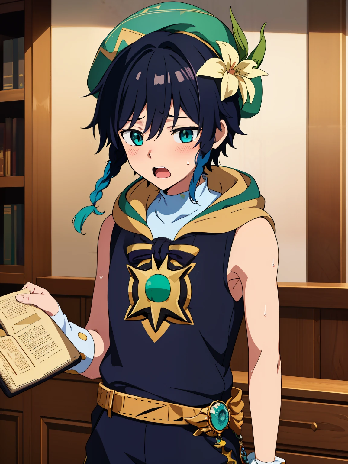 (Masterpiece),(best quality),official art,extremely detailed CG,unity 8k wallpaper,ultra detailed, best quality, 1boy, Boy, Shota, ventidef, beret, hat flower, Sleeveless hoodie, glove, belt, sweat, jewelry, brooch, holding book, open mouth, upper body, blushing