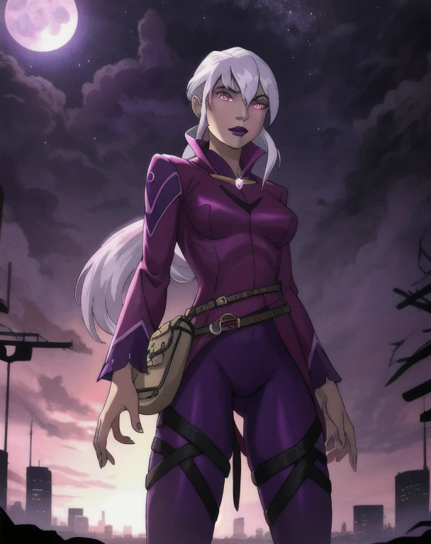 (cowboy shot), sfw, (masterpiece), (best quality:1.0), (ultra highres:1.0), detailed eyes, BREAK Charmcaster, 1girl, low ponytail, bangs, pink eyes, lipstick, magenta coat, bodysuit, dark purple tights, thigh straps, pouch belt, both hands glowing bright purple, BREAK (city, nighttime, creepy and isolated tone, outdoors, gorgeous view)
