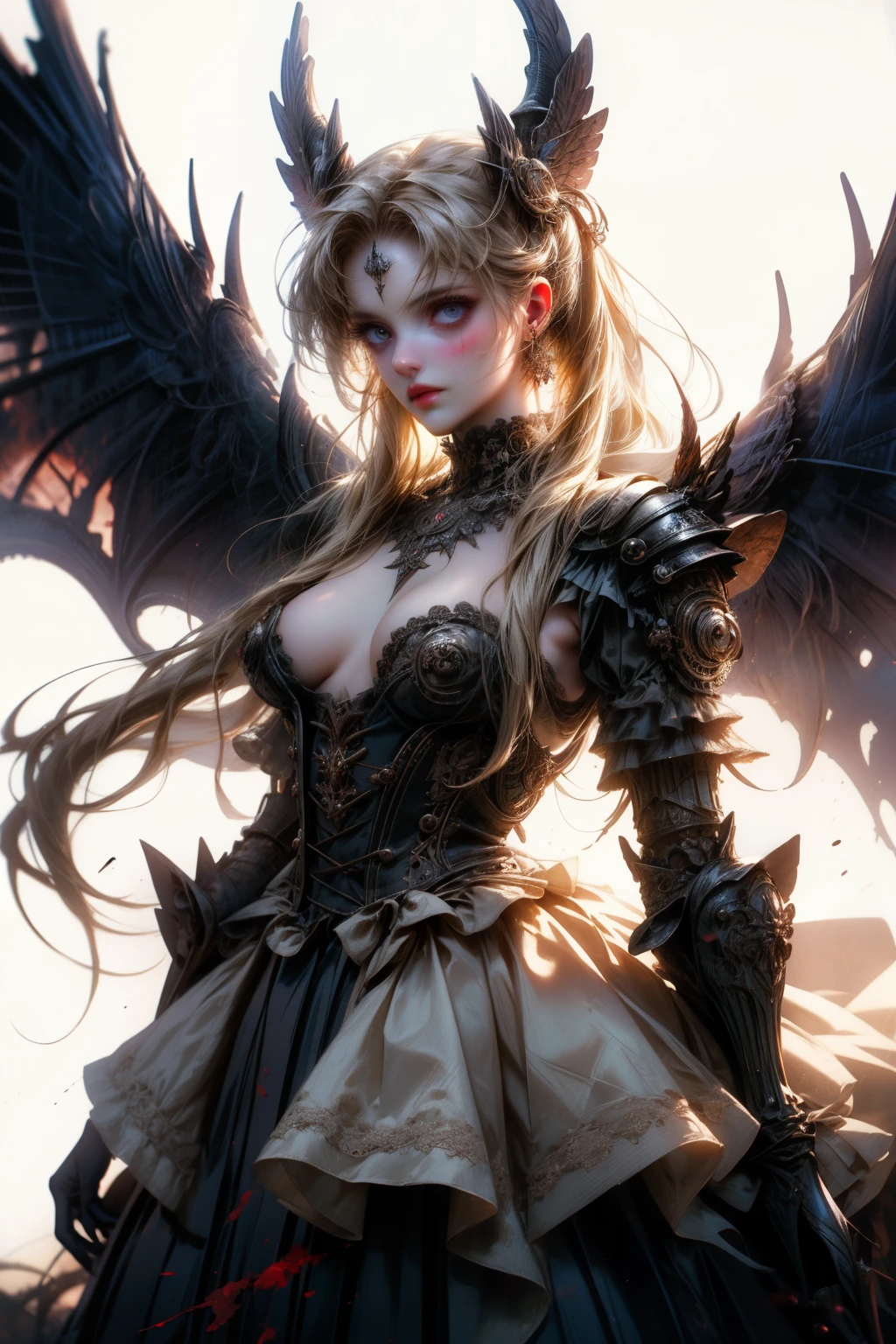 ((best quality)), ((masterpiece)), (detailed), plain background, white background, Bloodborne inspired,  occult aesthetic, occult, detailed and intricate steampunk and detailed gothic, NSFW, Very dramatic and cinematic lighting, cosmic horror, grim-dark, side-lighting, perfect face, a beaituful goddess valkyrie adorned and enshrined in armour, Bloodborne inspired valkyrie, occult aesthetic valkyrie, occult valkyrie, detailed and intricate steampunk and detailed gothic valkyrie, Fluttering lace flared long knee length dress with frilly petticoats, knee length dress, pleated petticoats, lolita dress, petticoats gothic lolita, side-lighting, gothic lolita aesthetic, beautiful small breasts, small breasts, full body, whole body, body, plain background, white background, blank background