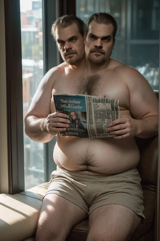(((2heads))), 1man, ((((david harbour)))), middle aged, male, ((fat)), ((overweight)), (((obese))), ((shirtless)), navel, athletic shorts, body hair, big bulge, dreamy atmosphere, dark cyan and red, i can't believe how beautiful this is, serene atmosphere, epic realistic, soft cinematic light, hdr, intricate, highly detailed, (depth of field:1.4), faded, (neutral colors:1.2), (hdr:1.4), (muted colors:1.2), hyperdetailed, (artstation:1.4), cinematic, dramatic light, (intricate details:1.1), porch scenery, (rutkowski:0.66), (intricate details:1.12), hdr, (intricate details, hyperdetailed:1.15) (skin texture:1.2), detailed expressions, tired, frowning, natural pose, sitting on couch, (reading newspaper), (hyperrealism)