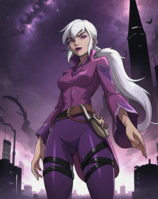 (cowboy shot), sfw, (masterpiece), (best quality:1.0), (ultra highres:1.0), detailed eyes, BREAK Charmcaster, 1girl, low ponytail, bangs, pink eyes, lipstick, magenta coat, bodysuit, dark purple tights, thigh straps, pouch belt, both hands emit bright purple magic, BREAK (city, nighttime, creepy and isolated tone, outdoors, gorgeous view)
