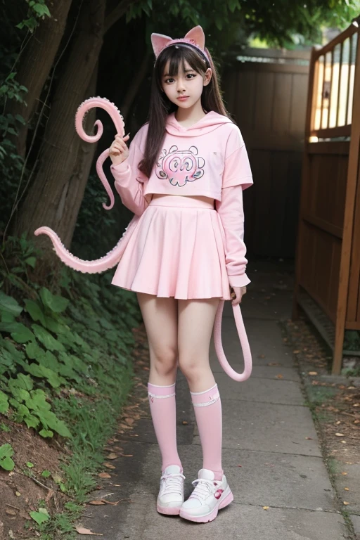 Tentacles burrow into ears,Pink clothes,Magical girl turns into tentacled cat,Tentacle Hypnosis,Tentacles control the brain,Empty eyes,whole body,Jk short skirt,14 years old junior high school student,Tail turns into tentacle,Failure of resistance