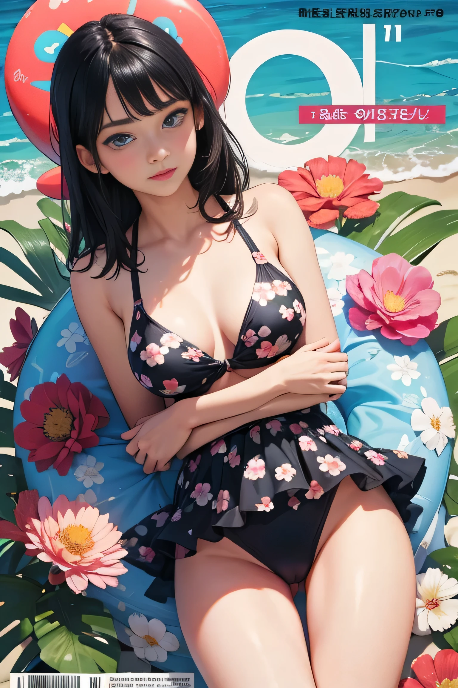 Swimsuit magazine cover, young woman, 18yo, provocative position, floral swimsuit, medium breast, perfect body, black haired, blue eyes