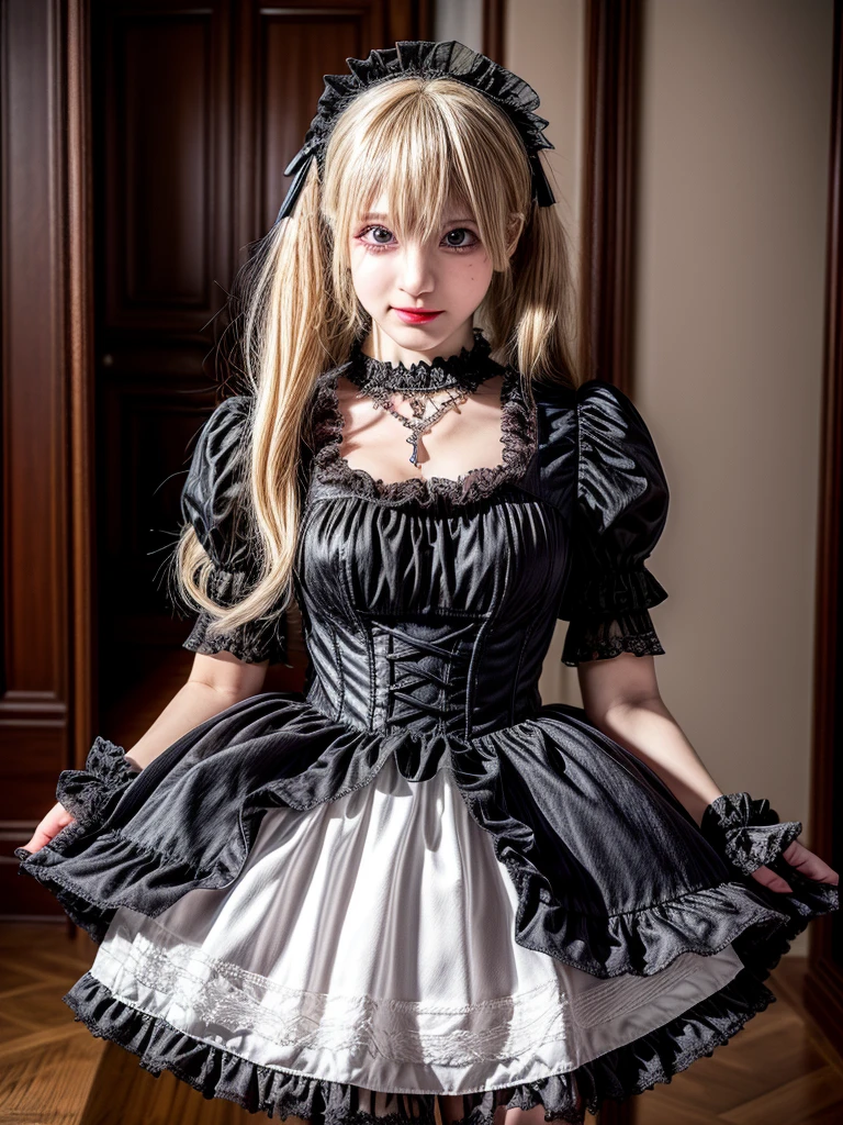 (8K, Photorealistic, Raw photo, of the highest quality: 1.3), (1girl in), Super beautiful, (Realistic face), (boyish, Silver Color Berry Shorthair), Beautiful , Glare that captivates the viewer, Beautiful expression, Beautiful breasts, (Realistic skin), Be...Super high quality, super high definition, super detailed, masterpiece, 20years old, female, cute, perfect face, beautiful, gothic lolita clothes, gothic lolita fashion, frilly skirt, headdress, necklace, bracelet, knee-high socks, boots, double eyelids, tear bags, Detailed down to the fingers, photo-like description, indoors, dim indoor lighting, blonde hair, pony tail, standing, whole body, composition that shows the whole body, smiling,Optimal ratio of 4 fingers and 1 thumb