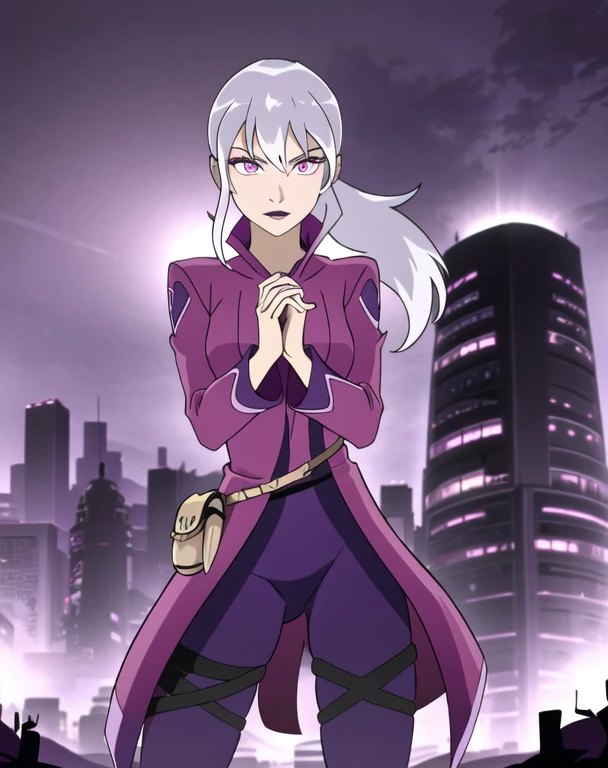 (cowboy shot), sfw, (masterpiece), (best quality:1.0), (ultra highres:1.0), detailed eyes, BREAK Charmcaster, 1girl, low ponytail, bangs, pink eyes, lipstick, magenta coat, bodysuit, dark purple tights, thigh straps, pouch belt, both hands glowing bright purple, BREAK (city, nighttime, creepy and isolated tone, outdoors, gorgeous view)
