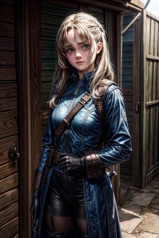 Ella Purnell, personagem, Lucy character from the fallout series, (Ella Purnell cabelo com rabo de cavalo franja cortina) uma jovem soldado seios nus, in blue costumes from the Brotherhood of Steel paramilitary faction ; e The Ghoul (Walton Goggins),